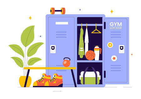 Gym Locker Room Vector Illustration Featuring Dressing Storage for Sports Teams with Fresh Dry Towels, Wardrobes, and Benches for Neat Uniform Changesのイラスト素材