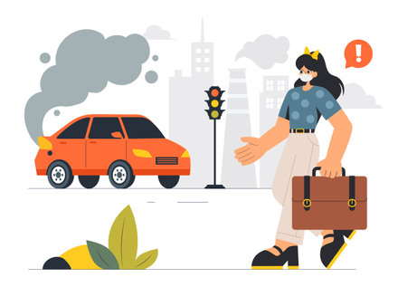 Car Air Pollution Vector Illustration featuring a Polluted Urban Environment, Vehicle Traffic, and Toxic Emissions from Automobiles and Transportationのイラスト素材