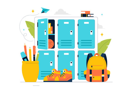 School Locker Room Vector Illustration Featuring Neatly Organized Student Storage with Books, School Supplies, Personal Items, and Accessoriesのイラスト素材