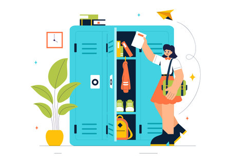School Locker Room Vector Illustration Featuring Neatly Organized Student Storage with Books, School Supplies, Personal Items, and Accessoriesのイラスト素材
