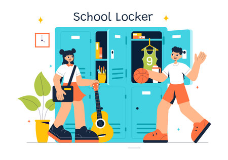 School Locker Room Vector Illustration Featuring Neatly Organized Student Storage with Books, School Supplies, Personal Items, and Accessoriesのイラスト素材