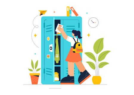 School Locker Room Vector Illustration Featuring Neatly Organized Student Storage with Books, School Supplies, Personal Items, and Accessoriesのイラスト素材