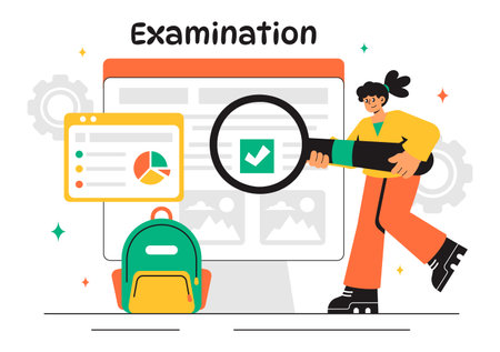 Examination Paper Vector Illustration Featuring an Online Exam, Answer Sheets, Forms, Surveys, and Internet Quizzes in a Flat Style Cartoon Backgroundのイラスト素材