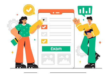 Examination Paper Vector Illustration Featuring an Online Exam, Answer Sheets, Forms, Surveys, and Internet Quizzes in a Flat Style Cartoon Backgroundのイラスト素材