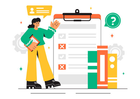 Examination Paper Vector Illustration Featuring an Online Exam, Answer Sheets, Forms, Surveys, and Internet Quizzes in a Flat Style Cartoon Backgroundのイラスト素材