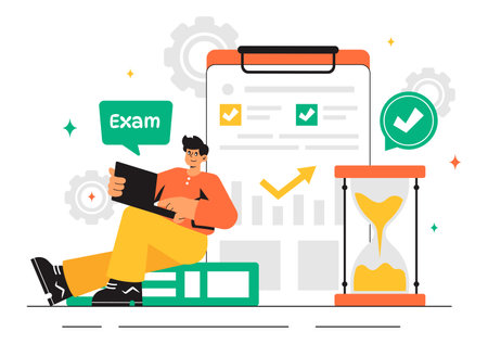 Examination Paper Vector Illustration Featuring an Online Exam, Answer Sheets, Forms, Surveys, and Internet Quizzes in a Flat Style Cartoon Backgroundのイラスト素材