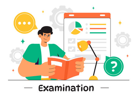 Examination Paper Vector Illustration Featuring an Online Exam, Answer Sheets, Forms, Surveys, and Internet Quizzes in a Flat Style Cartoon Backgroundのイラスト素材