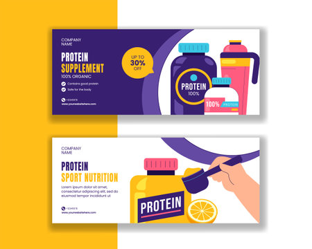 Flat Cartoon Protein Supplement Design for Social Media Horizontal Banner Promotionのイラスト素材
