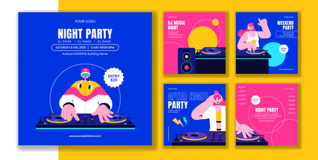 Nightlife Club DJ Party Social Media Post with Flat Cartoon Hand Drawn Templates Backgroundのイラスト素材