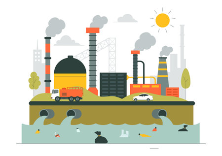 Water Pollution Vector Illustration Depicting an Environmental Disaster Caused by Industrial Production with a Factory Emitting Smoke Through Chimneysのイラスト素材