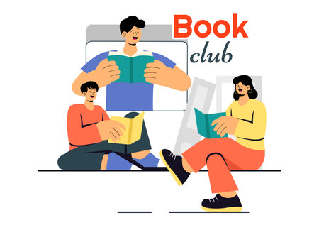 Book Club Vector Illustration featuring a Group of Men and Women Reading Together, Sharing Literature, and Fostering Education and Self-Developmentのイラスト素材