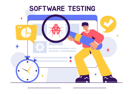 Software Testing Vector Illustration featuring Application Engineering, Debugging Processes, Development Workflow, Programming, and Codingのイラスト素材