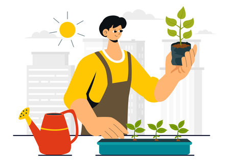 Urban Gardening Illustration Featuring People Planting Sprouts in Wooden Raised Garden Bed with Florists and Greenery on a Modern Cityscape Backgroundのイラスト素材
