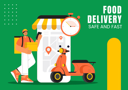 Flat Cartoon Food Delivery Service Design for Social Media Background Templatesのイラスト素材