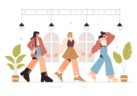 Fashion Runway Vector Illustration featuring Female Models Showcasing Trendy New Outfits on a Catwalk Ramp During a Fashion Show in a Backgroundのイラスト素材