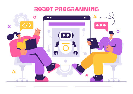 Robot Programming Vector Illustration Featuring an Artificial Intelligence Robot Interacting with a Digital Data Interface for Advanced Technologyのイラスト素材