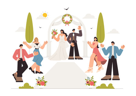 Wedding Ceremony Celebration Vector Illustration featuring a Bride and Groom in a Floral Ballroom with Elegant Decorations in a Flat Style Backgroundのイラスト素材
