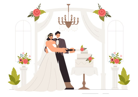 Wedding Ceremony Celebration Vector Illustration featuring a Bride and Groom in a Floral Ballroom with Elegant Decorations in a Flat Style Backgroundのイラスト素材