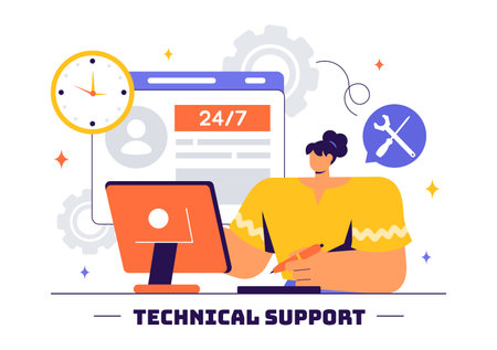 Vector Illustration of a Technical Support System Featuring Software Development, Customer Service, and IT Assistance in a Flat Style Backgroundのイラスト素材