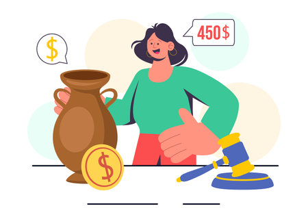 Charity Auction Vector Illustration featuring a Fundraising Event Where Valuable Items are Sold Through Bidding and Donations to Support Generosityのイラスト素材