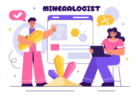 Vector Illustration of a Mineralogist Examining Natural Stones and Mineral Structures for Jewelry Making or Chemical Reactions in a Flat Backgroundのイラスト素材