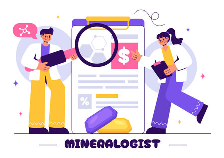 Vector Illustration of a Mineralogist Examining Natural Stones and Mineral Structures for Jewelry Making or Chemical Reactions in a Flat Backgroundのイラスト素材