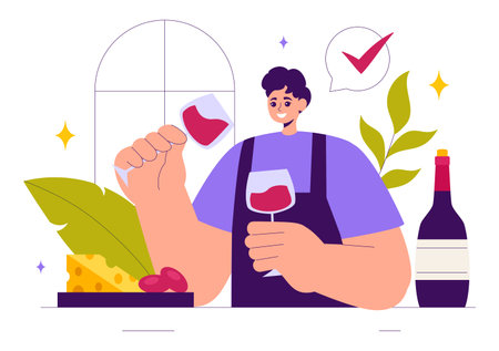 Wine Tasting Illustration featuring People Holding Wine Glasses with Bottles and Grapes for Tasting, Drinking, Swirling, and Savoring the Aromaのイラスト素材