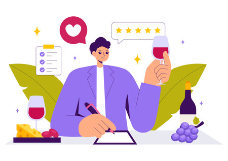 Wine Tasting Illustration featuring People Holding Wine Glasses with Bottles and Grapes for Tasting, Drinking, Swirling, and Savoring the Aromaのイラスト素材