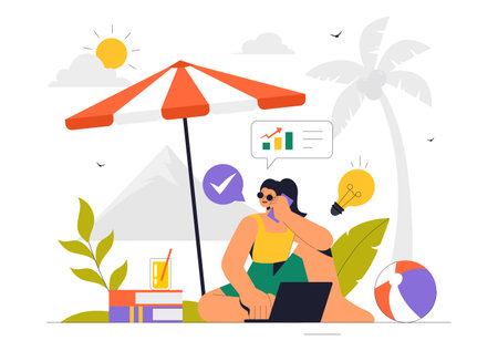 Digital Nomad Lifestyle Vector Illustration Featuring People Working Remotely While Traveling and Enjoying a Holiday in a Flat Style Backgroundのイラスト素材