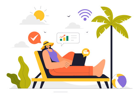 Digital Nomad Lifestyle Vector Illustration Featuring People Working Remotely While Traveling and Enjoying a Holiday in a Flat Style Backgroundのイラスト素材