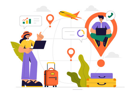 Digital Nomad Lifestyle Vector Illustration Featuring People Working Remotely While Traveling and Enjoying a Holiday in a Flat Style Backgroundのイラスト素材