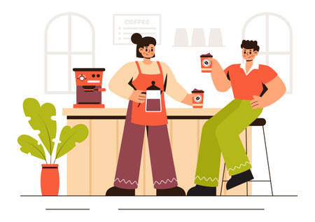 Coffee Tasting Vector Illustration featuring People Enjoying Specialty Coffee with Cups and a Kettle in a Cafe or Restaurant in a Flat Backgroundのイラスト素材