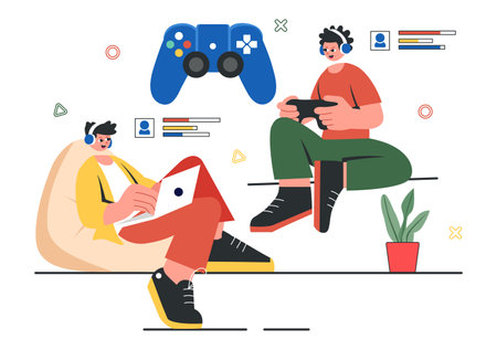 E-Sports Tournament Vector Illustration featuring Two Players Competing in an Online Game for a Cyber Sports Competition inside a Gaming Arenaのイラスト素材