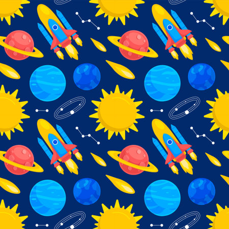 Seamless Pattern of Outer Space Exploration with Floating Astronaut and Planets in Cartoon Flat Design Illustrationのイラスト素材