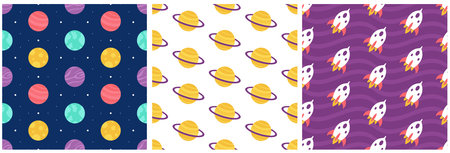 Seamless Pattern of Outer Space Exploration with Floating Astronaut and Planets in Cartoon Flat Design Illustrationのイラスト素材