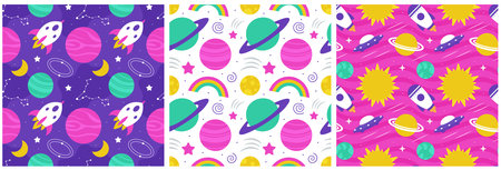 Seamless Pattern of Outer Space Exploration with Floating Astronaut and Planets in Cartoon Flat Design Illustrationのイラスト素材