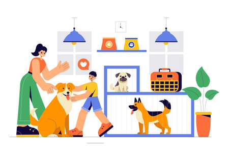 Vector Illustration of an Animal Adoption Agency Featuring Pet Adoption from a Shelter with Cats and Dogs in a Flat Cartoon Backgroundのイラスト素材