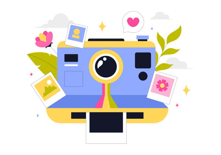 Photography Vector Illustration Featuring a Camera and Equipment for Capturing Travel, Tourism, Adventure, and Memories in a Flat Style Backgroundのイラスト素材