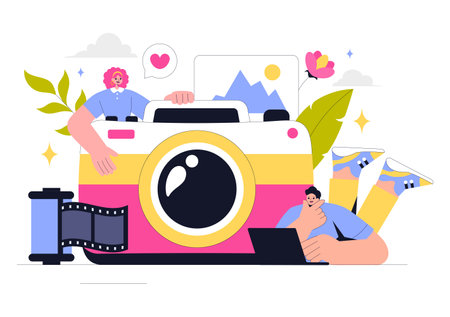 Photography Vector Illustration Featuring a Camera and Equipment for Capturing Travel, Tourism, Adventure, and Memories in a Flat Style Backgroundのイラスト素材