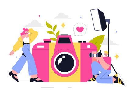 Photography Vector Illustration Featuring a Camera and Equipment for Capturing Travel, Tourism, Adventure, and Memories in a Flat Style Backgroundのイラスト素材
