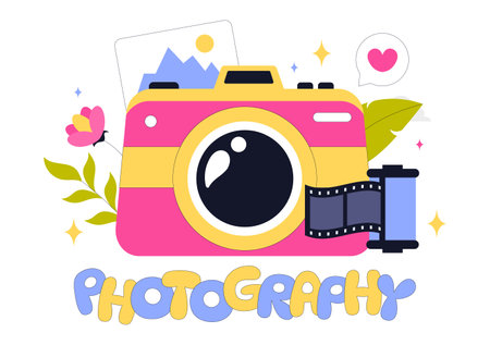Photography Vector Illustration Featuring a Camera and Equipment for Capturing Travel, Tourism, Adventure, and Memories in a Flat Style Backgroundのイラスト素材