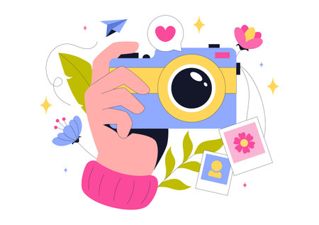 Photography Vector Illustration Featuring a Camera and Equipment for Capturing Travel, Tourism, Adventure, and Memories in a Flat Style Backgroundのイラスト素材