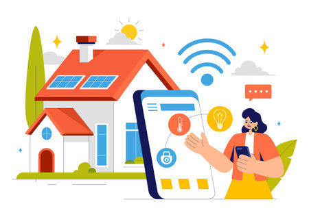 Home Automation Vector Illustration featuring a Smart Home Controlled via Smartphone with an Integrated System of Electronic Devices in a Backgroundのイラスト素材