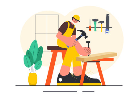 Carpentry Workshop Vector Illustration featuring Woodworking DIY, Wood Boards, Furniture Making, and a Craftsman Working with Timber in a Backgroundのイラスト素材
