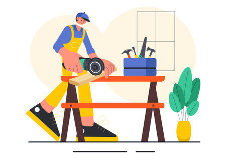 Carpentry Workshop Vector Illustration featuring Woodworking DIY, Wood Boards, Furniture Making, and a Craftsman Working with Timber in a Backgroundのイラスト素材