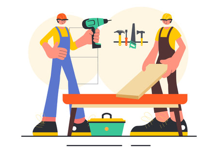 Carpentry Workshop Vector Illustration featuring Woodworking DIY, Wood Boards, Furniture Making, and a Craftsman Working with Timber in a Backgroundのイラスト素材