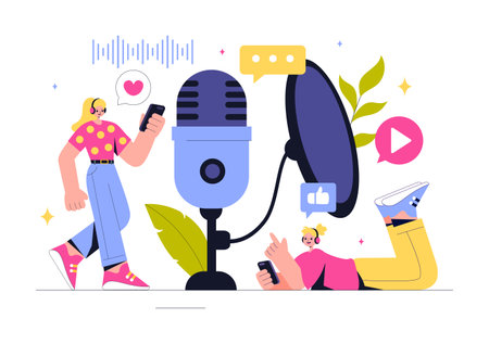 Podcast Vector Illustration featuring People Using Headsets to Record Audio, a Host Interviewing a Guest, or an Online Show with a Microphoneのイラスト素材
