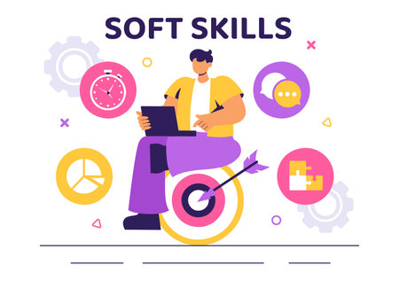 Vector Illustration of Office Workers Demonstrating Soft Skills such as Empathy, Communication, Idea Development, Teamwork, and Professional Growthのイラスト素材