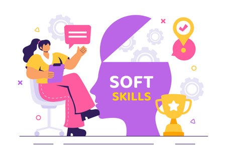 Vector Illustration of Office Workers Demonstrating Soft Skills such as Empathy, Communication, Idea Development, Teamwork, and Professional Growthのイラスト素材