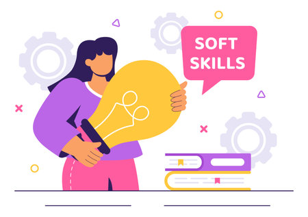 Vector Illustration of Office Workers Demonstrating Soft Skills such as Empathy, Communication, Idea Development, Teamwork, and Professional Growthのイラスト素材